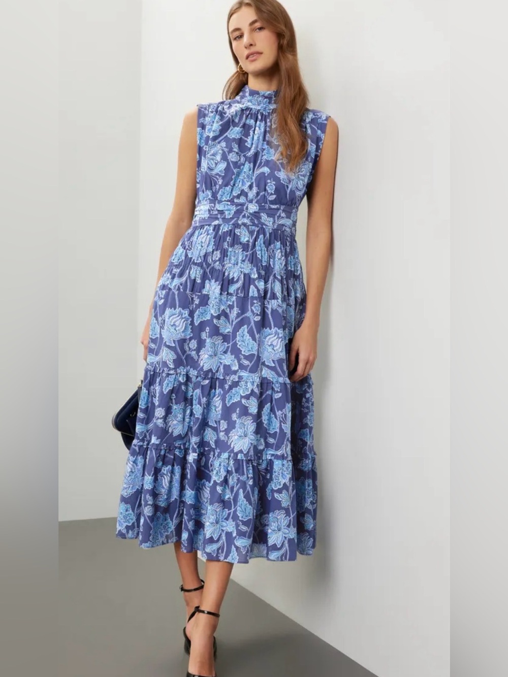 Derek Lam 10 Crosby Navy Blue Floral Ruched Midi Dress